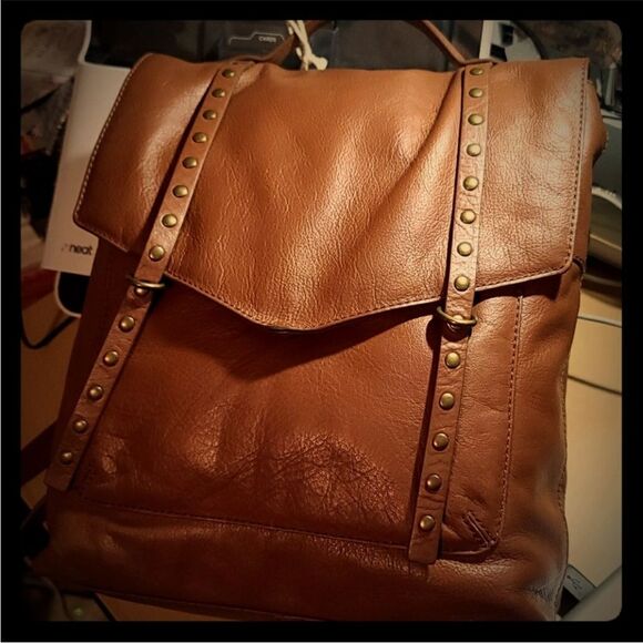 Lucky Brand Group Vamp Cognac Brown Soft Leather Utility Messenger Backpack - Picture 1 of 14